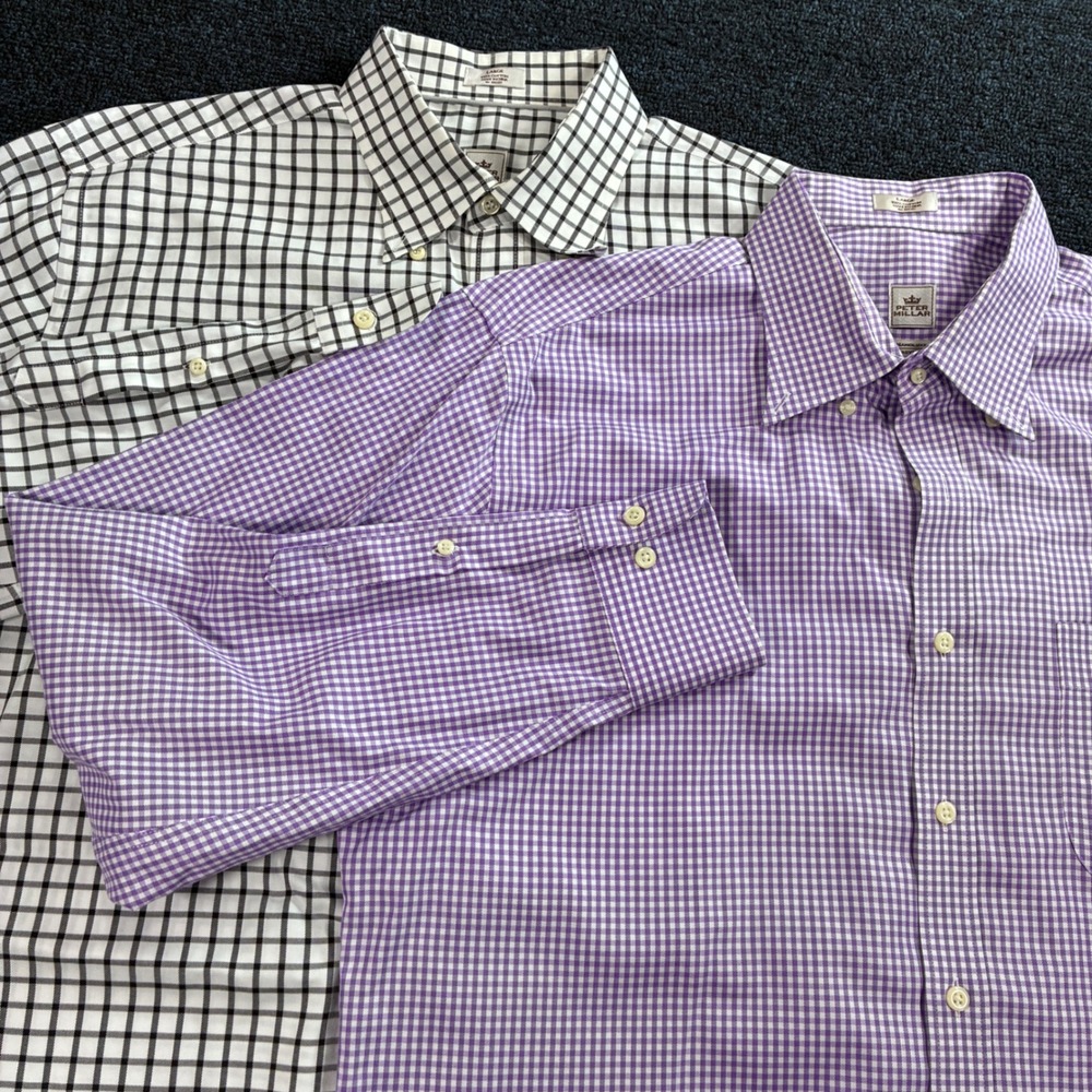 Peter Millar Nanoluxe Easycare Shirt Men Large Lot 2 Gingham Windowpane Cotton